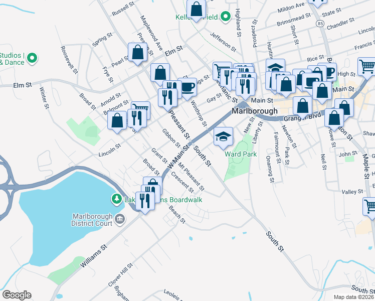 map of restaurants, bars, coffee shops, grocery stores, and more near 146 West Main Street in Marlborough