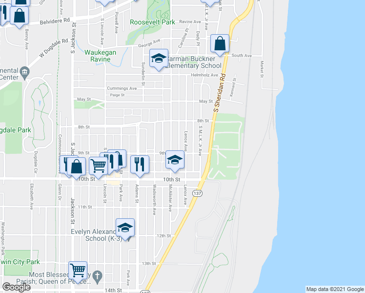 map of restaurants, bars, coffee shops, grocery stores, and more near 846 Lenox Avenue in Waukegan
