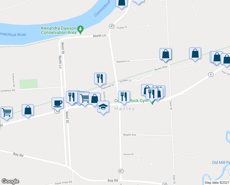 map of restaurants, bars, coffee shops, grocery stores, and more near 45 Middle Street in Hadley