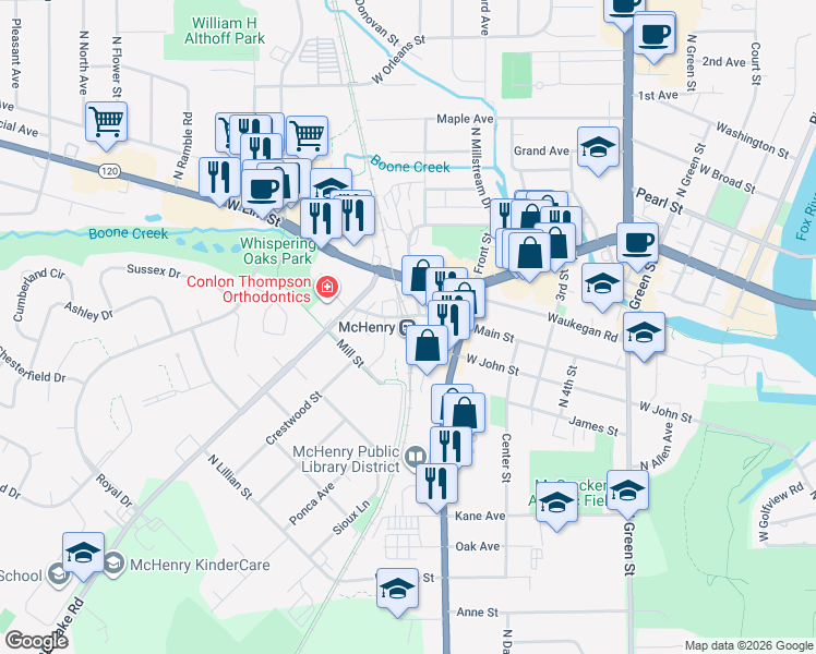 map of restaurants, bars, coffee shops, grocery stores, and more near 4005 Main Street in McHenry