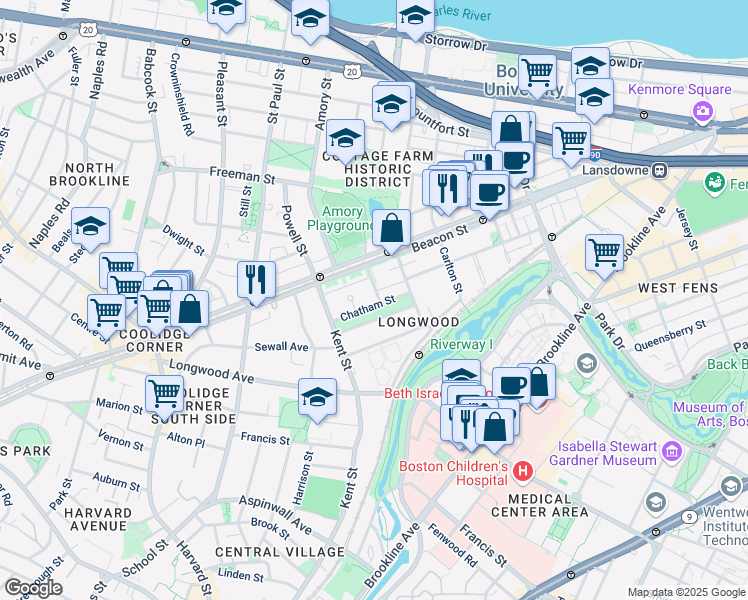 map of restaurants, bars, coffee shops, grocery stores, and more near 33 Chatham Street in Brookline
