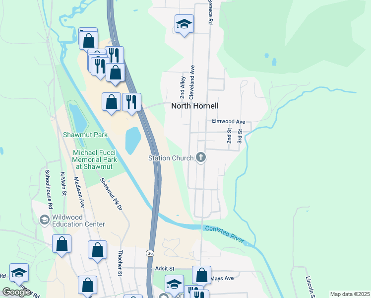map of restaurants, bars, coffee shops, grocery stores, and more near 358 Cleveland Avenue in Hornell