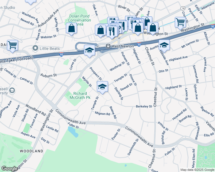 map of restaurants, bars, coffee shops, grocery stores, and more near 121 Temple St in Newton