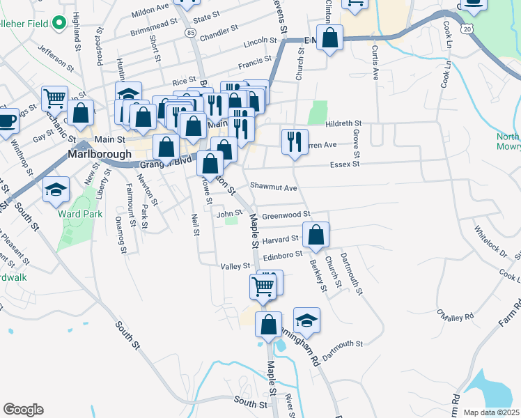 map of restaurants, bars, coffee shops, grocery stores, and more near 3 Greendale Avenue in Marlborough