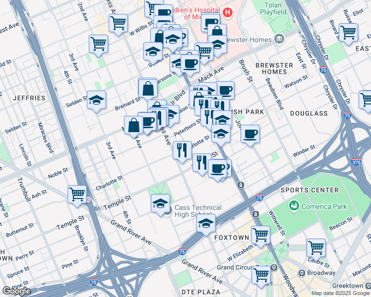 map of restaurants, bars, coffee shops, grocery stores, and more near 3101 Park Avenue in Detroit