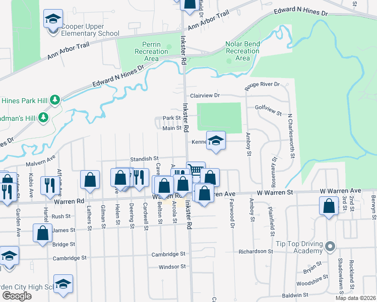 map of restaurants, bars, coffee shops, grocery stores, and more near 27321 Kennedy Street in Dearborn Heights