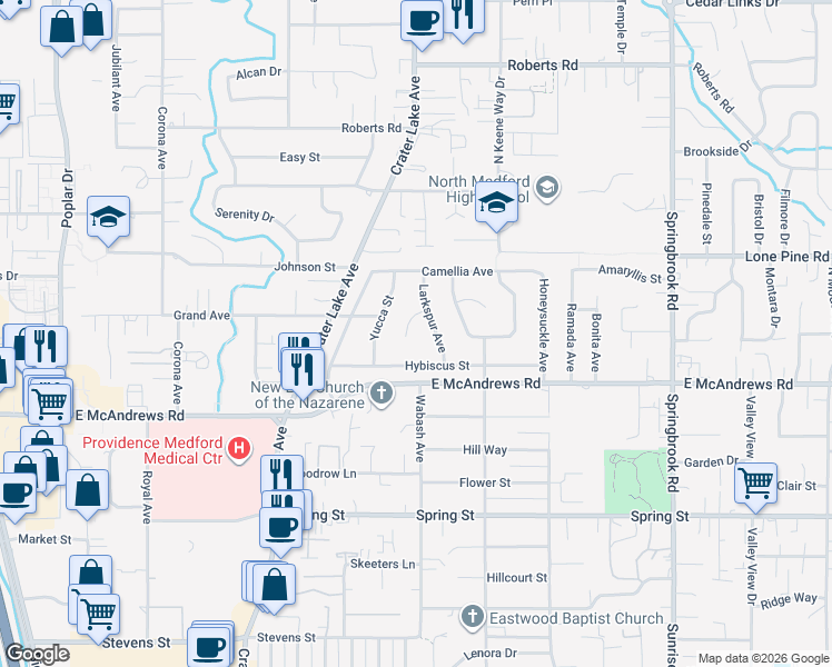 map of restaurants, bars, coffee shops, grocery stores, and more near 1417 Avocado Lane in Medford