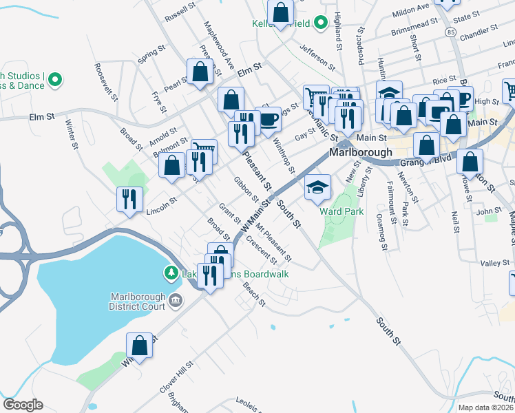 map of restaurants, bars, coffee shops, grocery stores, and more near 10 Gibbon Street in Marlborough