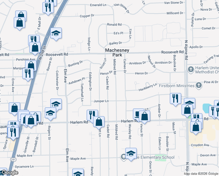 map of restaurants, bars, coffee shops, grocery stores, and more near 8303 Cadet Road in Machesney Park