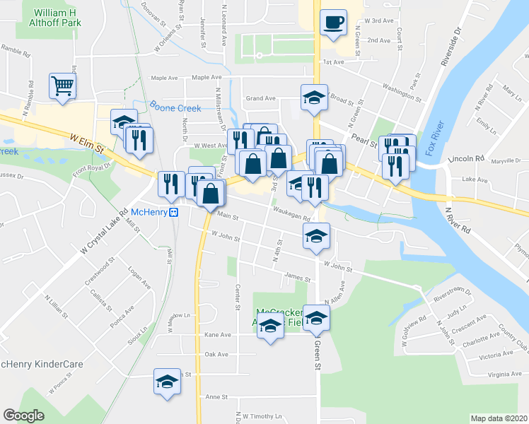 map of restaurants, bars, coffee shops, grocery stores, and more near 1105 3rd Street in McHenry