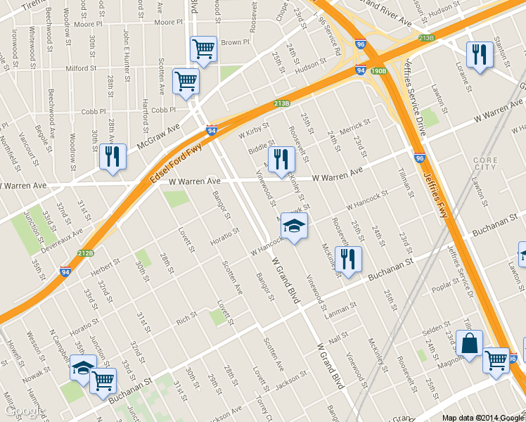 map of restaurants, bars, coffee shops, grocery stores, and more near 1470 W Grand Blvd in Detroit