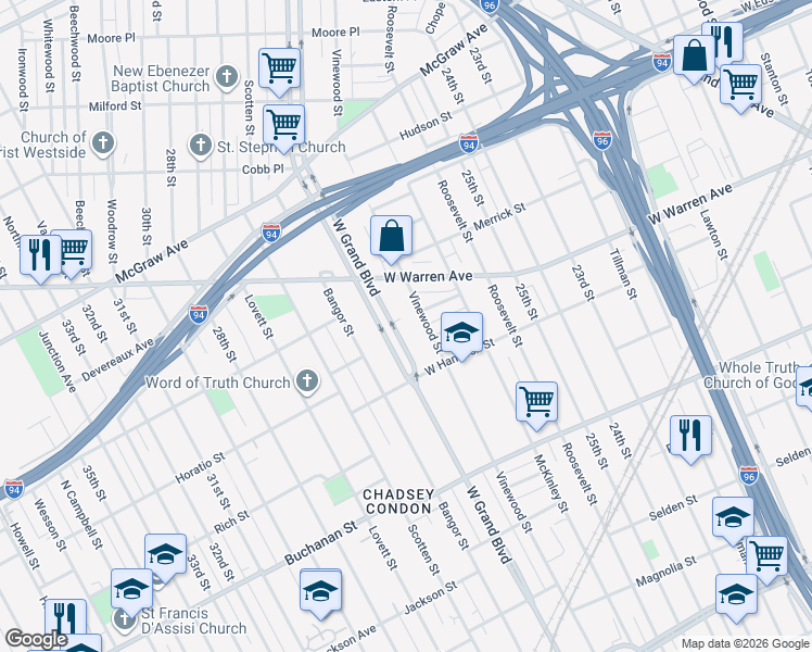 map of restaurants, bars, coffee shops, grocery stores, and more near 1470 West Grand Boulevard in Detroit