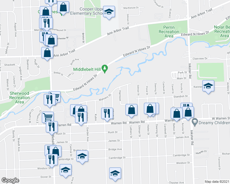 map of restaurants, bars, coffee shops, grocery stores, and more near 7538 Affeldt Street in Westland