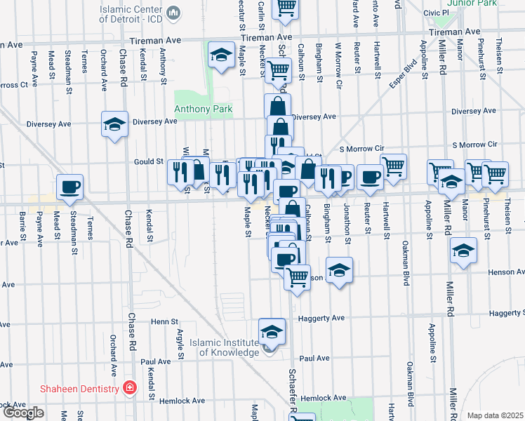 map of restaurants, bars, coffee shops, grocery stores, and more near 7129 Neckel Street in Dearborn