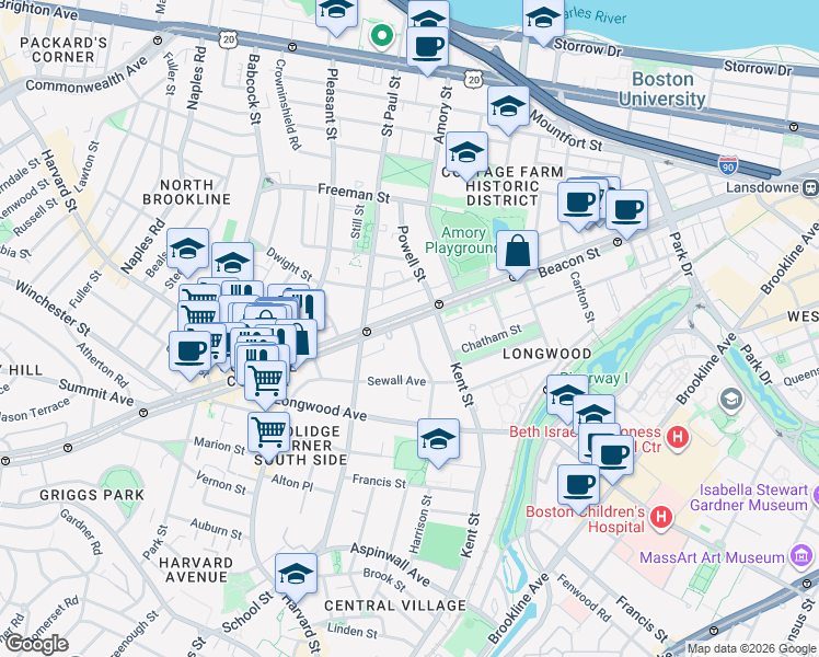 map of restaurants, bars, coffee shops, grocery stores, and more near 1187 Beacon Street in Brookline