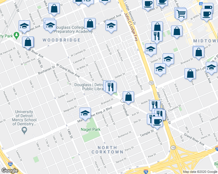 map of restaurants, bars, coffee shops, grocery stores, and more near 3730 Commonwealth Street in Detroit