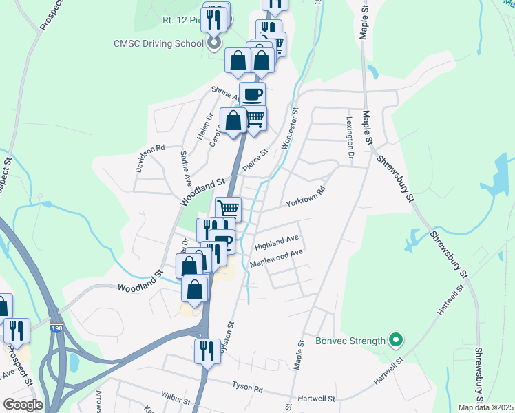 map of restaurants, bars, coffee shops, grocery stores, and more near 392 Worcester Street in West Boylston