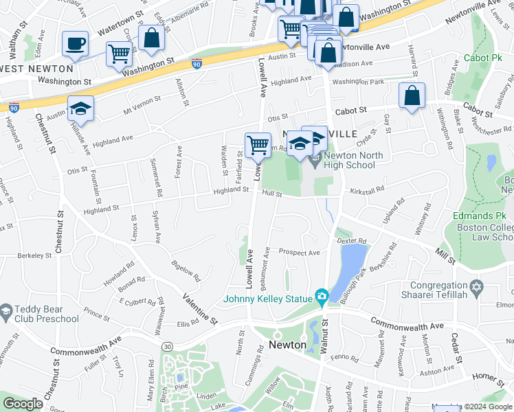 map of restaurants, bars, coffee shops, grocery stores, and more near 404 Lowell Avenue in Newton