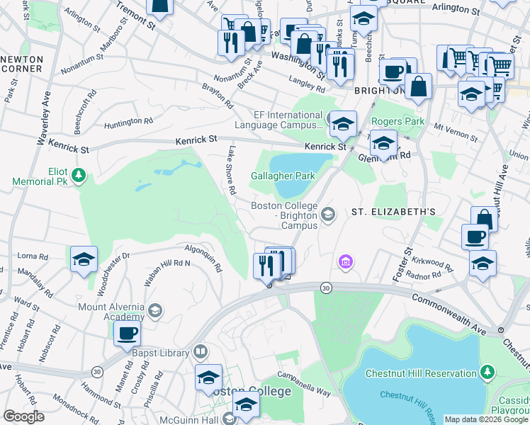 map of restaurants, bars, coffee shops, grocery stores, and more near 116 Lake Shore Road in Boston