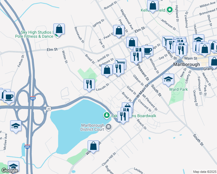 map of restaurants, bars, coffee shops, grocery stores, and more near 90 Broad Street in Marlborough