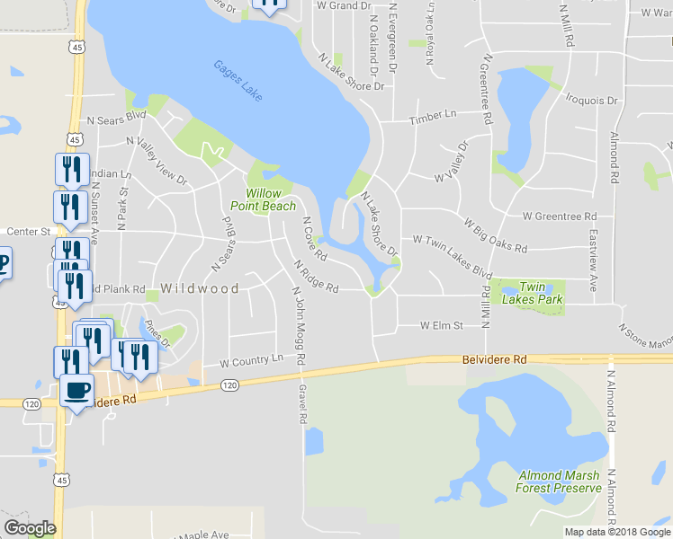map of restaurants, bars, coffee shops, grocery stores, and more near 33090 North Cove Road in Grayslake