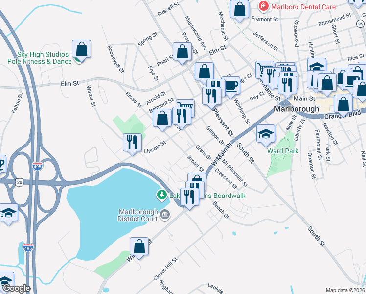 map of restaurants, bars, coffee shops, grocery stores, and more near 65 Broad Street in Marlborough