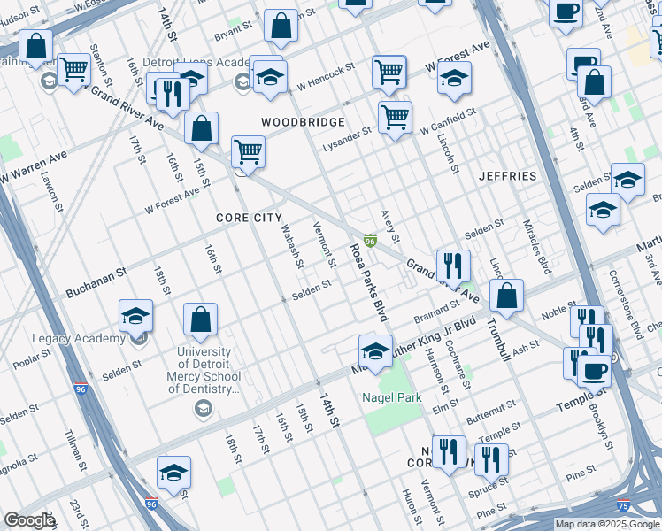 map of restaurants, bars, coffee shops, grocery stores, and more near 4013 Vermont Street in Detroit