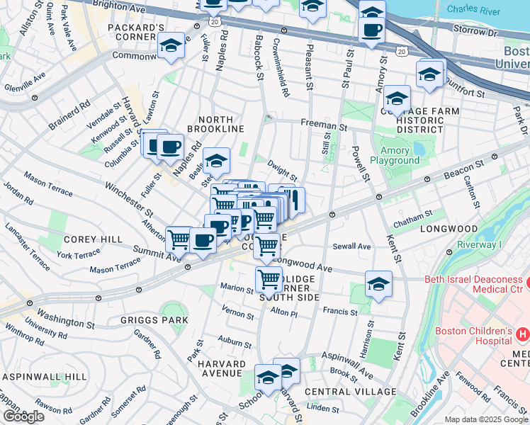 map of restaurants, bars, coffee shops, grocery stores, and more near 26 John Street in Brookline