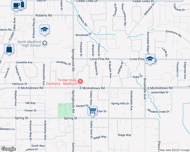 map of restaurants, bars, coffee shops, grocery stores, and more near 2661 Montara Drive in Medford
