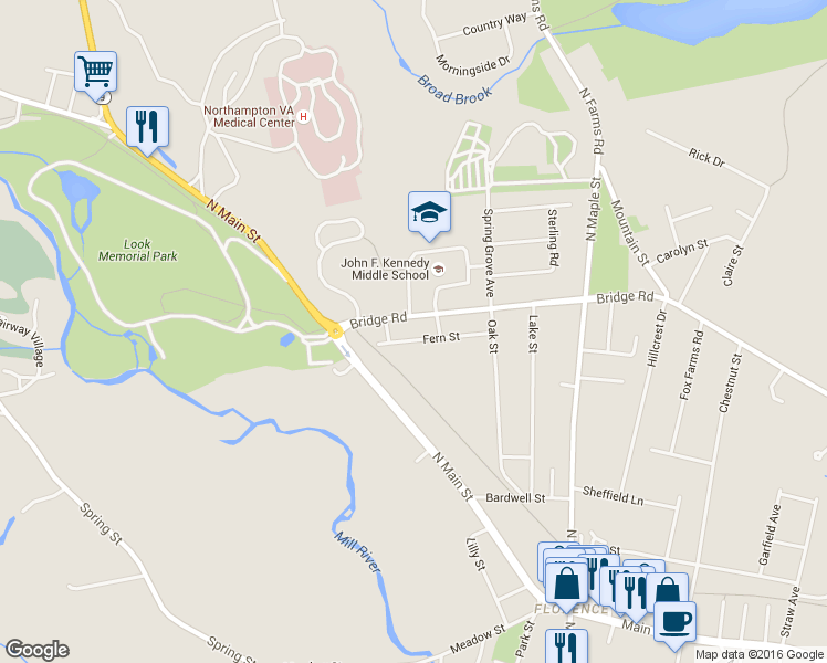 map of restaurants, bars, coffee shops, grocery stores, and more near 105 Fern Street in Northampton