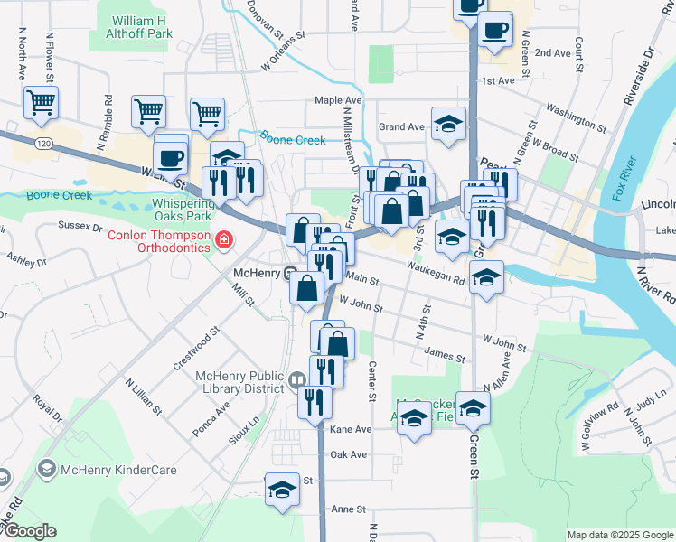 map of restaurants, bars, coffee shops, grocery stores, and more near State Rte 31 & Main St in McHenry