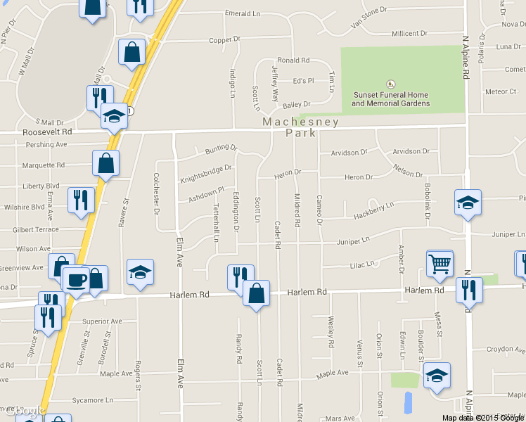 map of restaurants, bars, coffee shops, grocery stores, and more near 8305 Scott Lane in Machesney Park