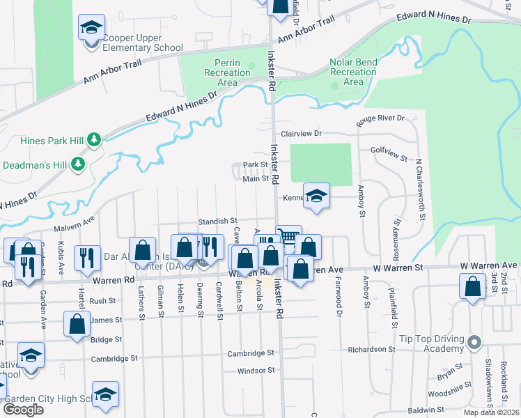 map of restaurants, bars, coffee shops, grocery stores, and more near 7528 Arcola Street in Westland