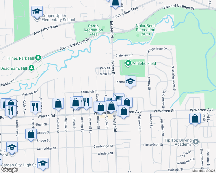 map of restaurants, bars, coffee shops, grocery stores, and more near 7528 Arcola Street in Westland