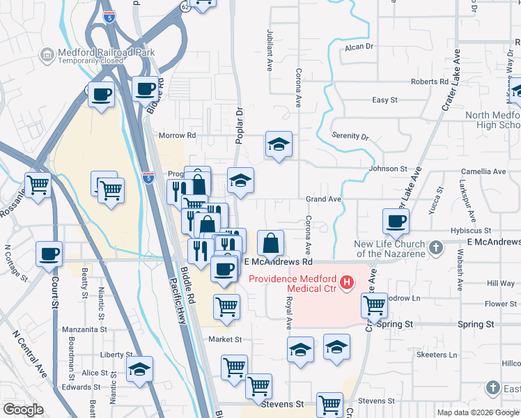 map of restaurants, bars, coffee shops, grocery stores, and more near 1285 Ruskin Dr in Medford