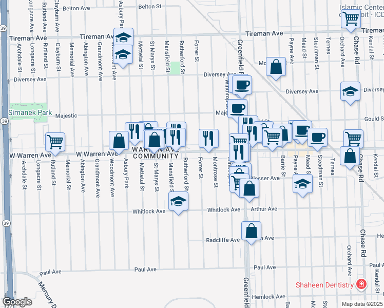 map of restaurants, bars, coffee shops, grocery stores, and more near 15831 West Warren Avenue in Detroit