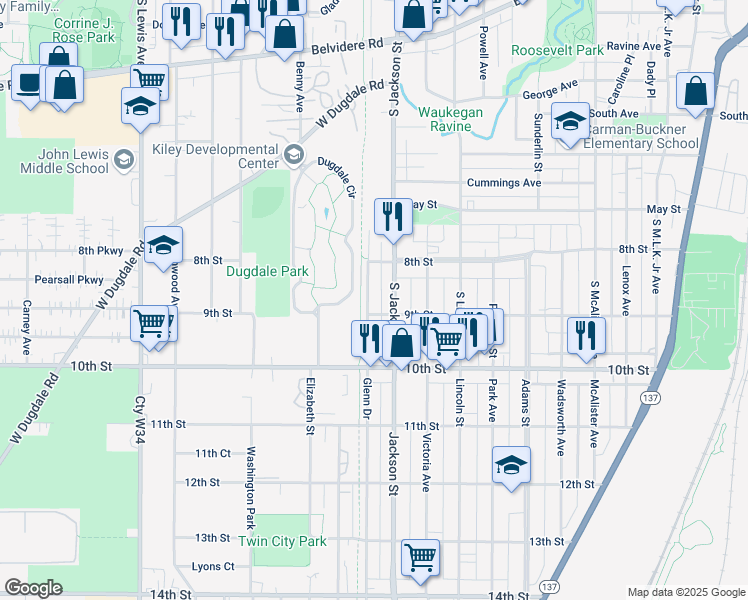 map of restaurants, bars, coffee shops, grocery stores, and more near 833 Commonwealth Avenue in Waukegan