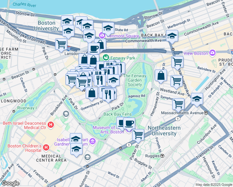 map of restaurants, bars, coffee shops, grocery stores, and more near 11 Queensberry Street in Boston