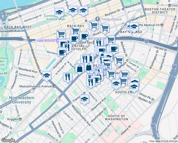 map of restaurants, bars, coffee shops, grocery stores, and more near 141 Pembroke Street in Boston
