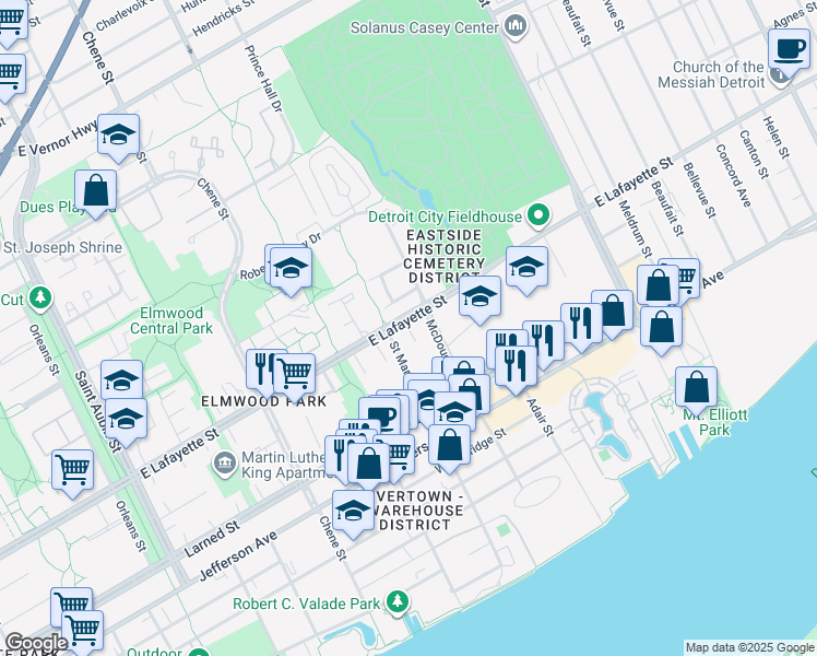 map of restaurants, bars, coffee shops, grocery stores, and more near 3130 East Lafayette Street in Detroit