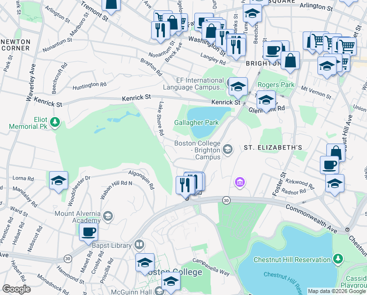 map of restaurants, bars, coffee shops, grocery stores, and more near 116 Lake Shore Road in Boston