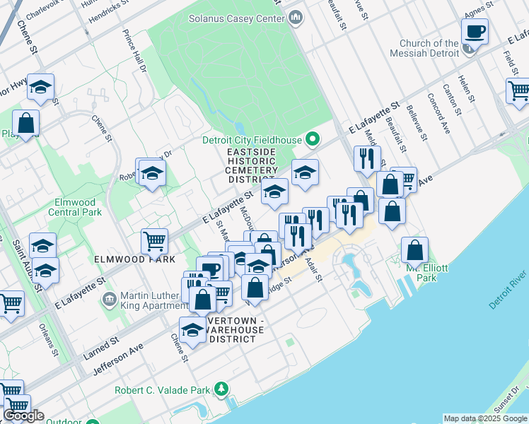 map of restaurants, bars, coffee shops, grocery stores, and more near 3200 East Lafayette Street in Detroit
