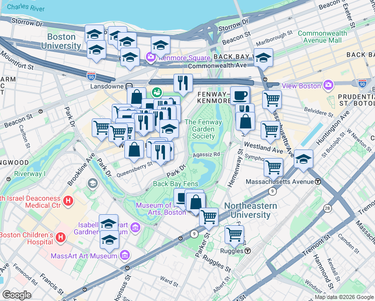map of restaurants, bars, coffee shops, grocery stores, and more near Park Dr & Queensberry St in Boston