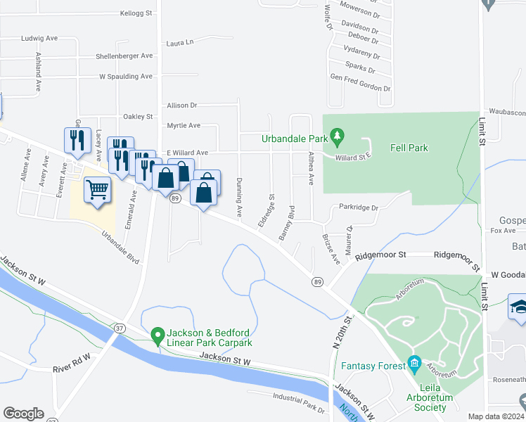 map of restaurants, bars, coffee shops, grocery stores, and more near 31 Eldredge Street in Battle Creek