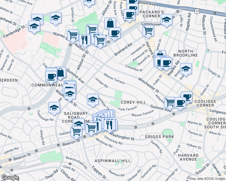 map of restaurants, bars, coffee shops, grocery stores, and more near 100 Jordan Road in Brookline