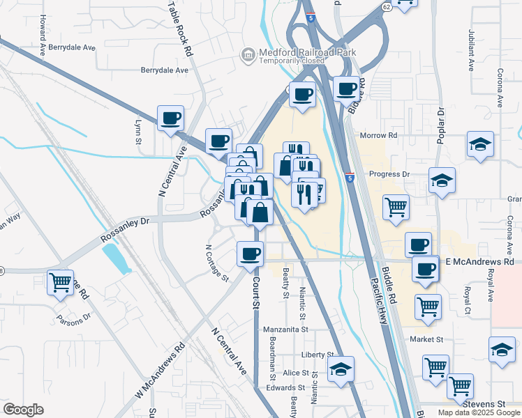 map of restaurants, bars, coffee shops, grocery stores, and more near 1314 Court Street in Medford
