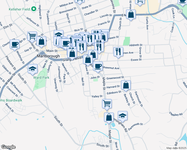 map of restaurants, bars, coffee shops, grocery stores, and more near 39 John Street in Marlborough