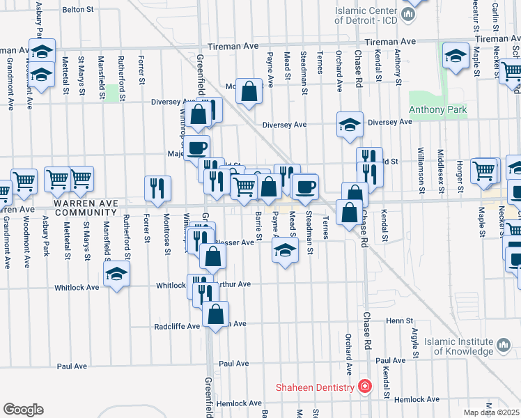 map of restaurants, bars, coffee shops, grocery stores, and more near 15145 West Warren Avenue in Dearborn