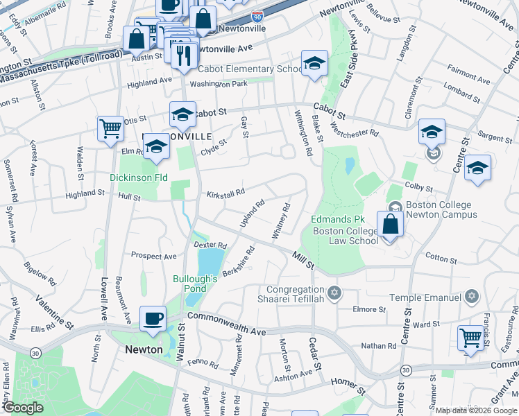 map of restaurants, bars, coffee shops, grocery stores, and more near 240 Upland Road in Newton