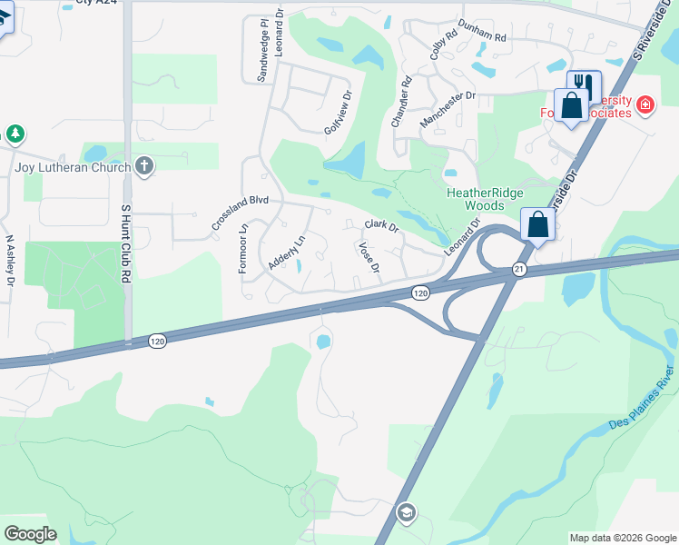 map of restaurants, bars, coffee shops, grocery stores, and more near 911 Bidwell Drive in Gurnee